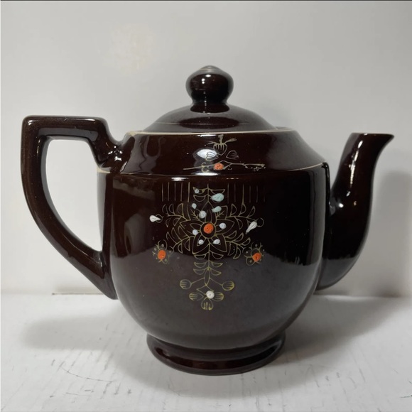 Vintage Brown Betty Redware Teapot Enamel Hand Painted Made In Japan. - Picture 3 of 11